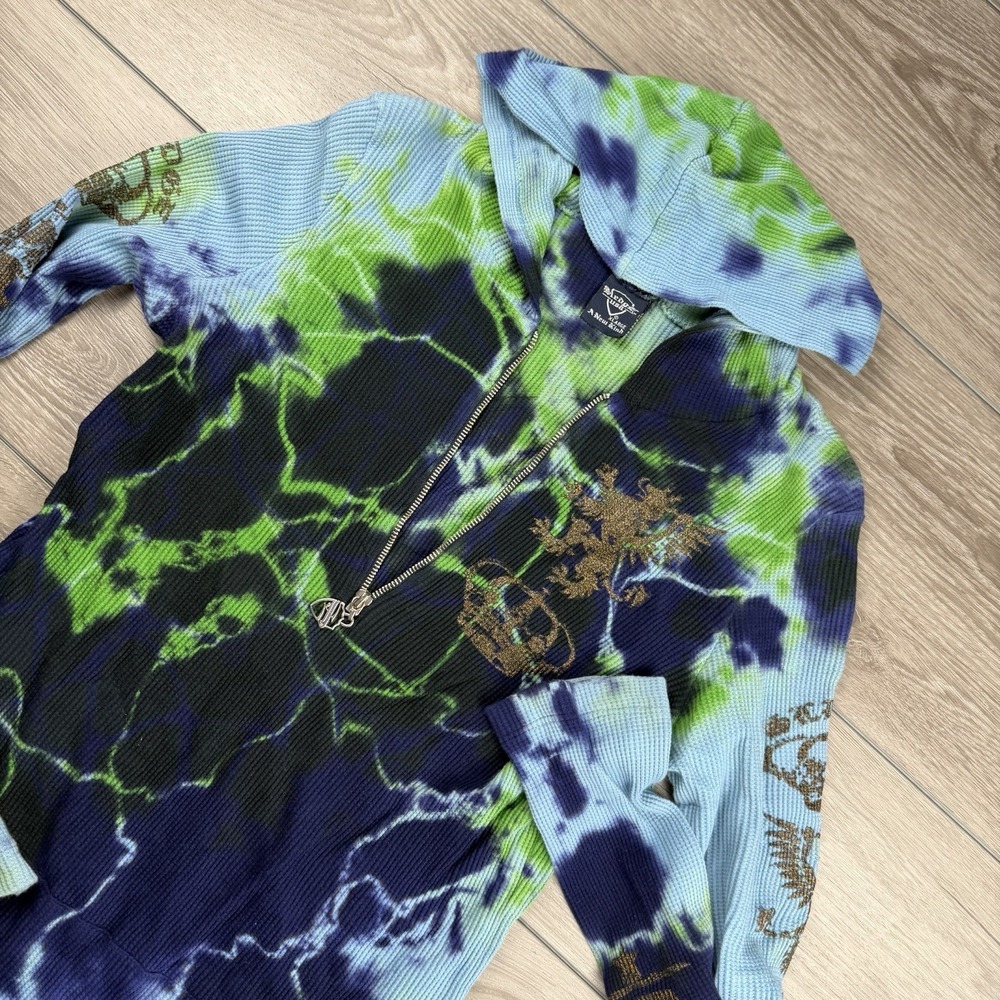 Sledge Women's Y2K Zipper Front Tie Dye Waffle Knit Hoodie Blue Green XL‎